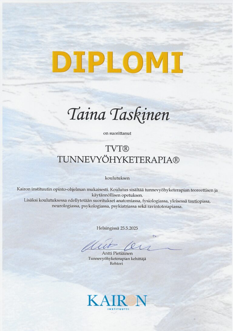 tunnevyöhyketerapia todistus diplomi