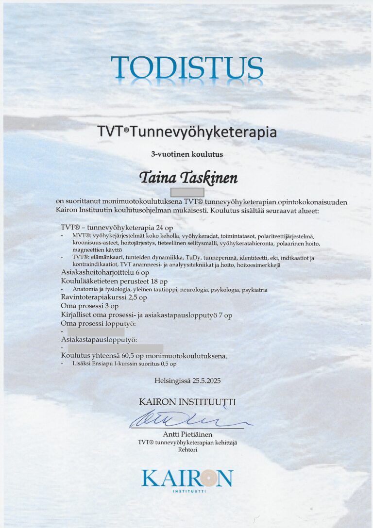 tunnevyöhyketerapia todistus diplomi sisältö